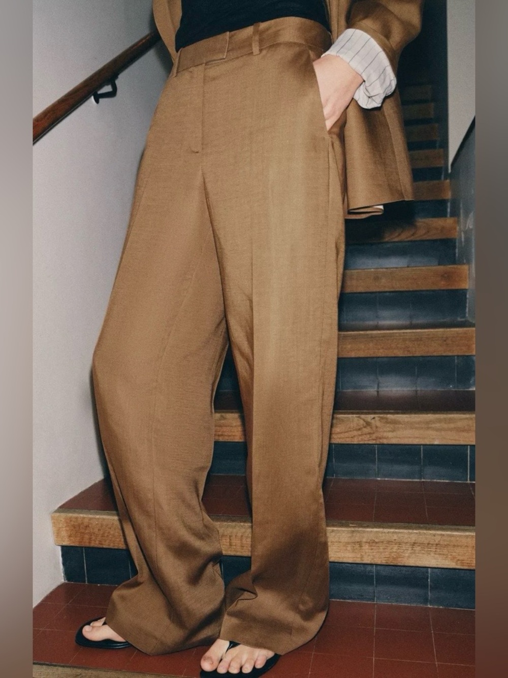 Zara NWT Brown Linen Blend High Rise Straight Leg Tailored Trousers - Picture 2 of 10
